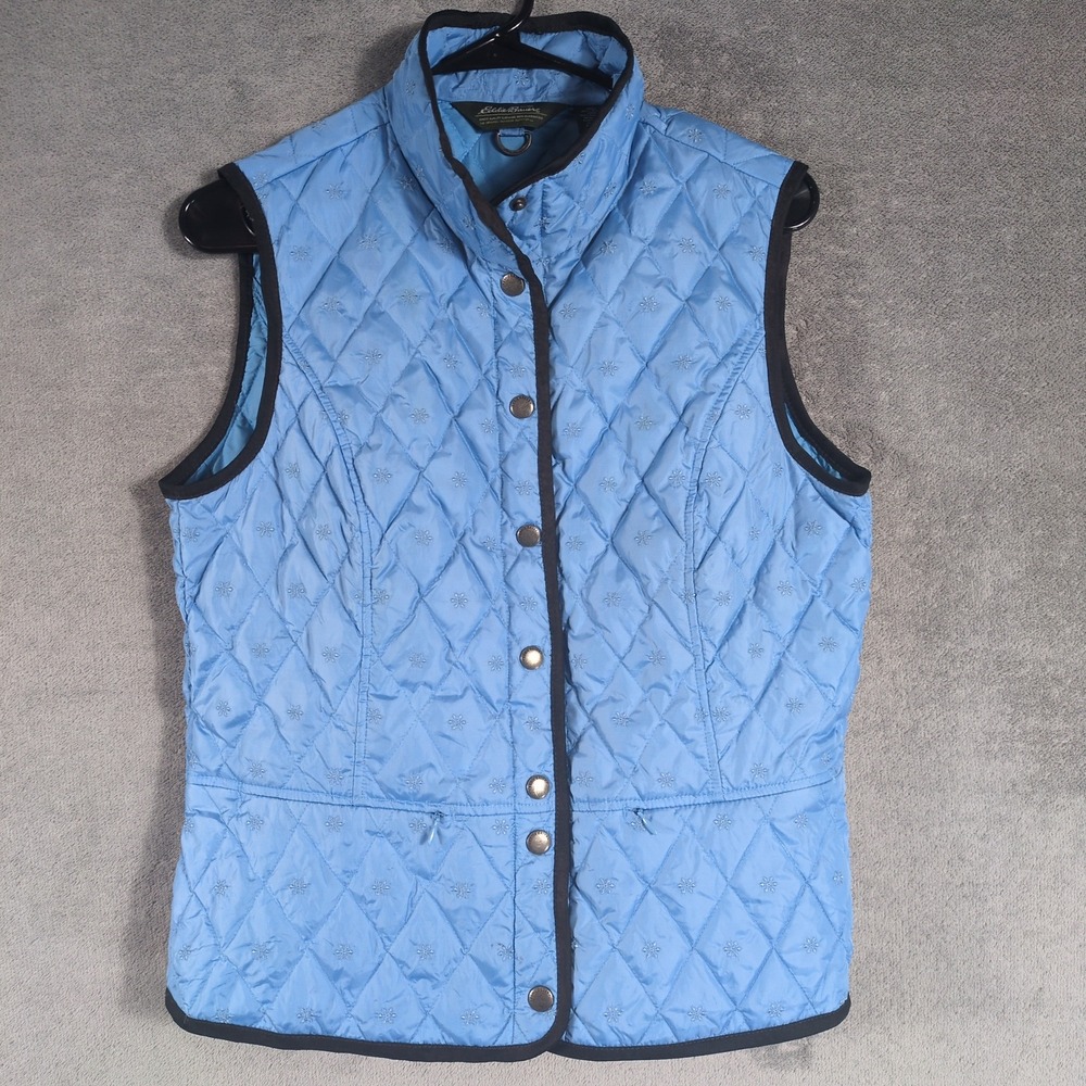VTG Eddie Bauer Womens Blue Quilted Snowflake 650 Down Puffer Vest Size M